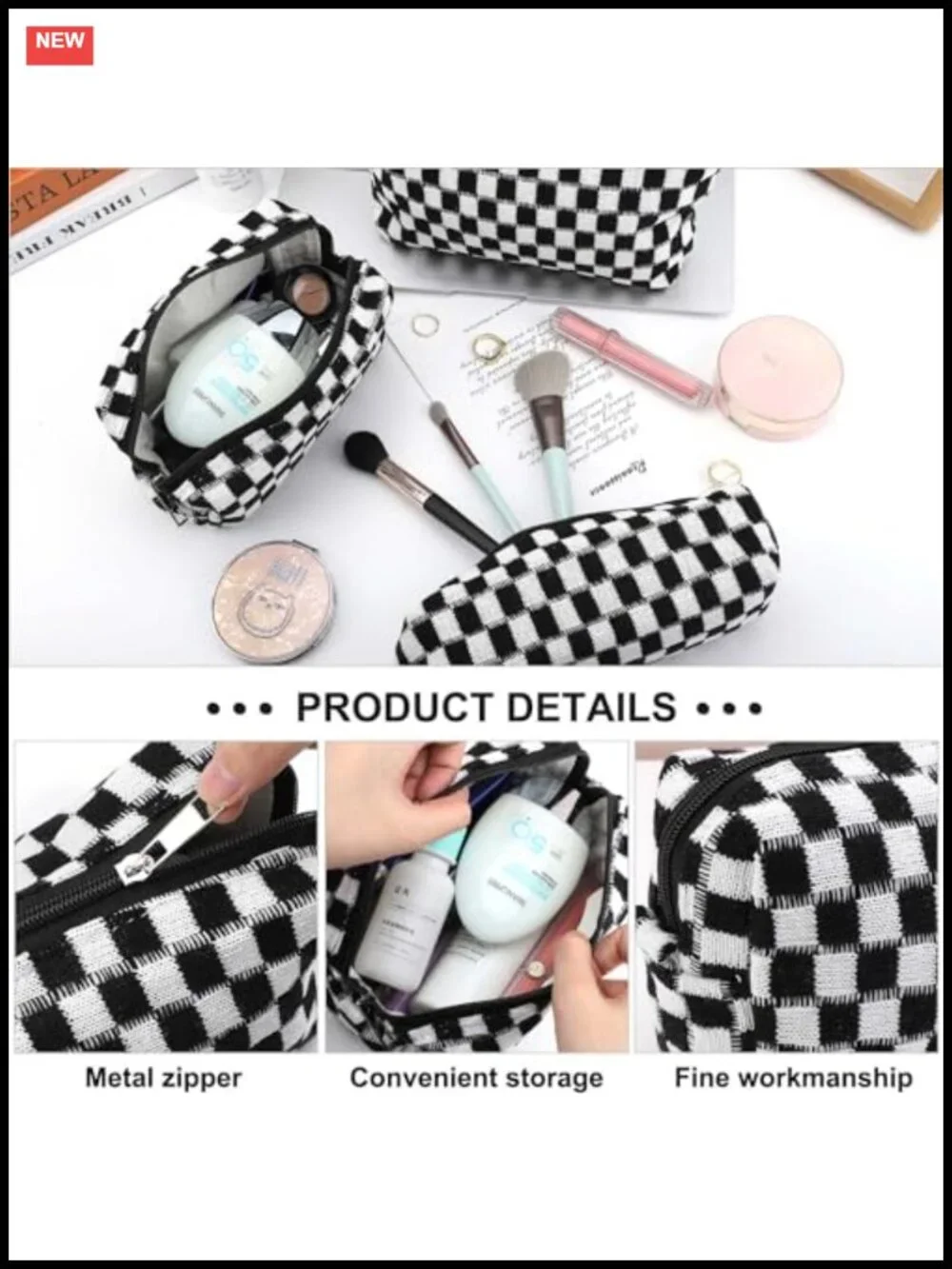 3-Piece Checkered Makeup Bag Set Large Capacity Travel Cosmetic Organizer Pouch